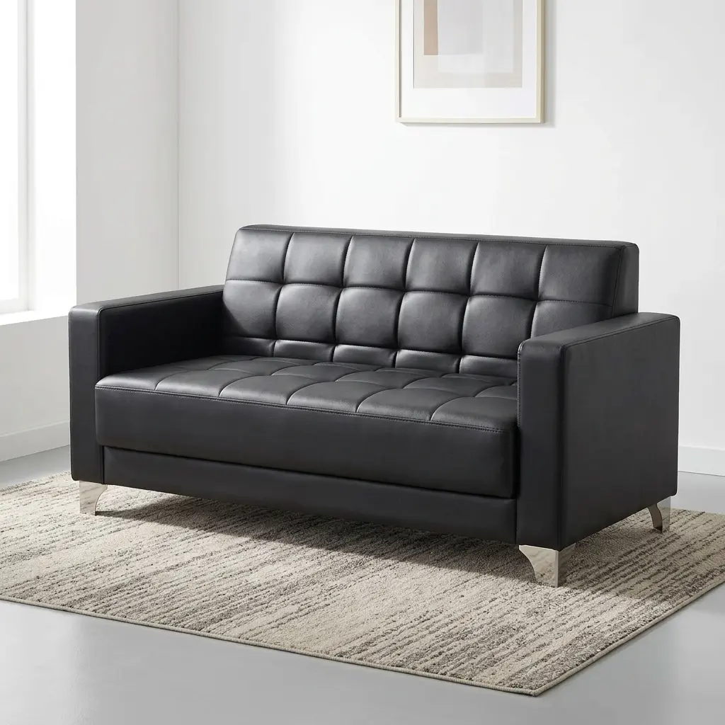 Executive 2-Seater Office Sofa with Tufted Black Upholstery