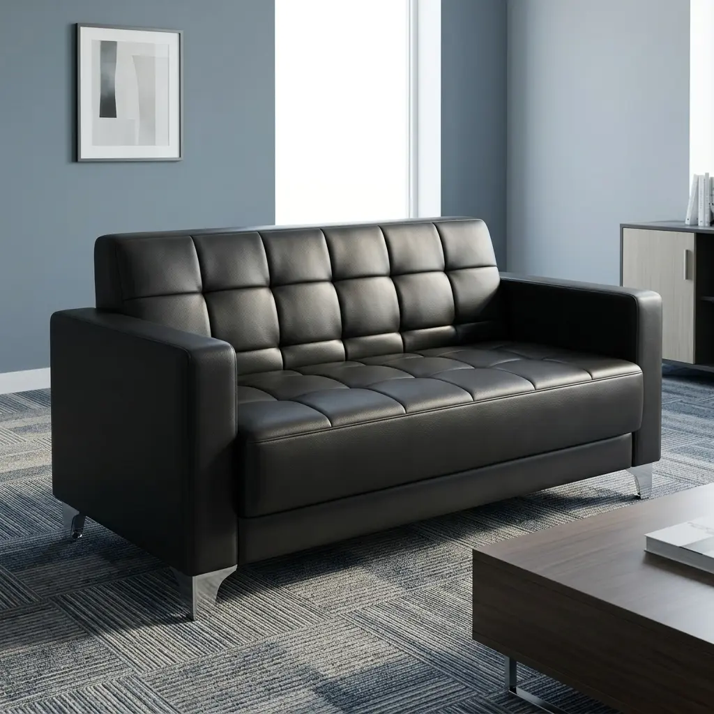Executive 2-Seater Office Sofa with Tufted Black Upholstery