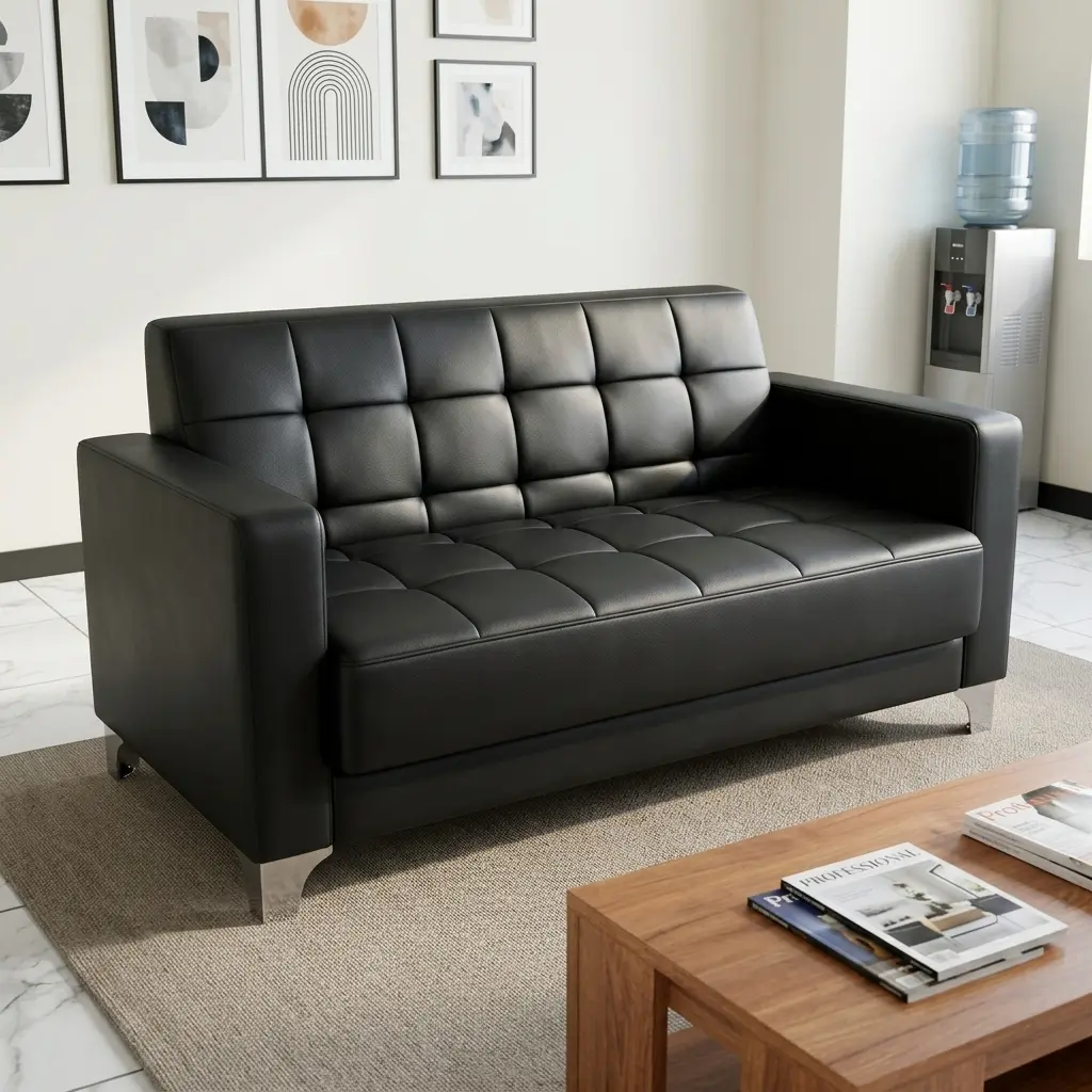 Executive 2-Seater Office Sofa with Tufted Black Upholstery