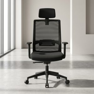 Ergonomic swivel chair with mesh back, adjustable headrest, and lumbar support