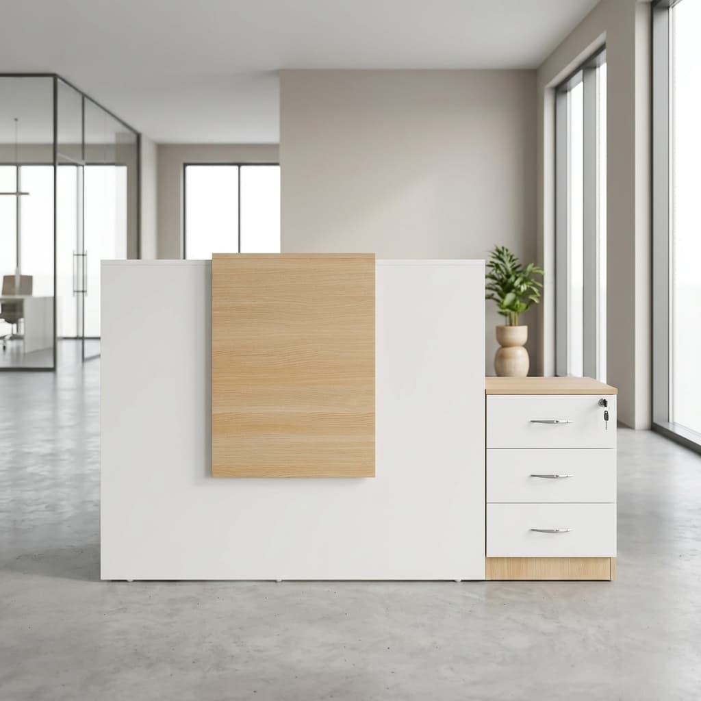 1.4m reception desk with lockable three-drawer pedestal in white and oak finish
