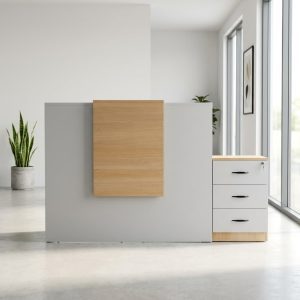 1.4m reception desk with lockable three-drawer pedestal in white and oak finish