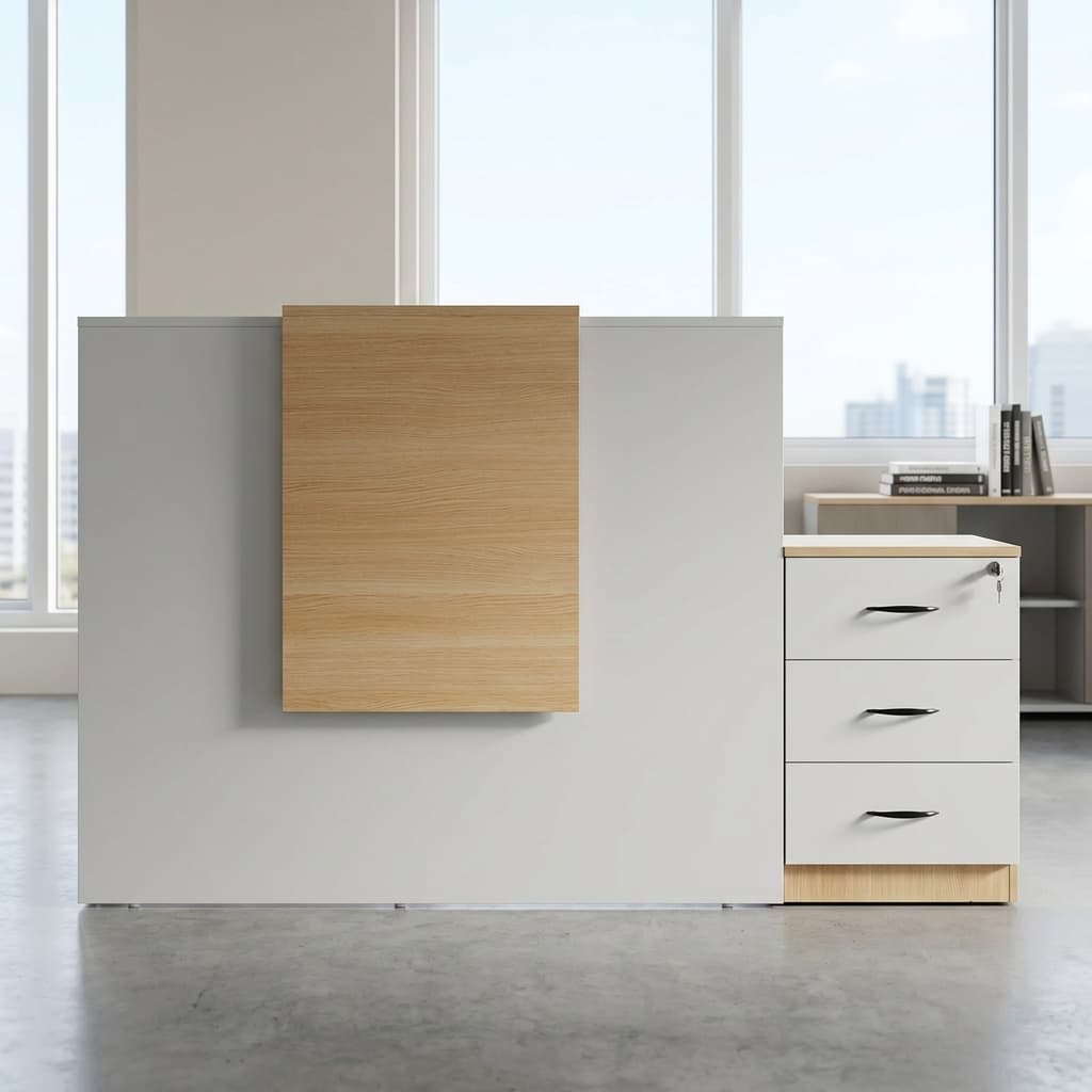 1.4m reception desk with lockable three-drawer pedestal in white and oak finish