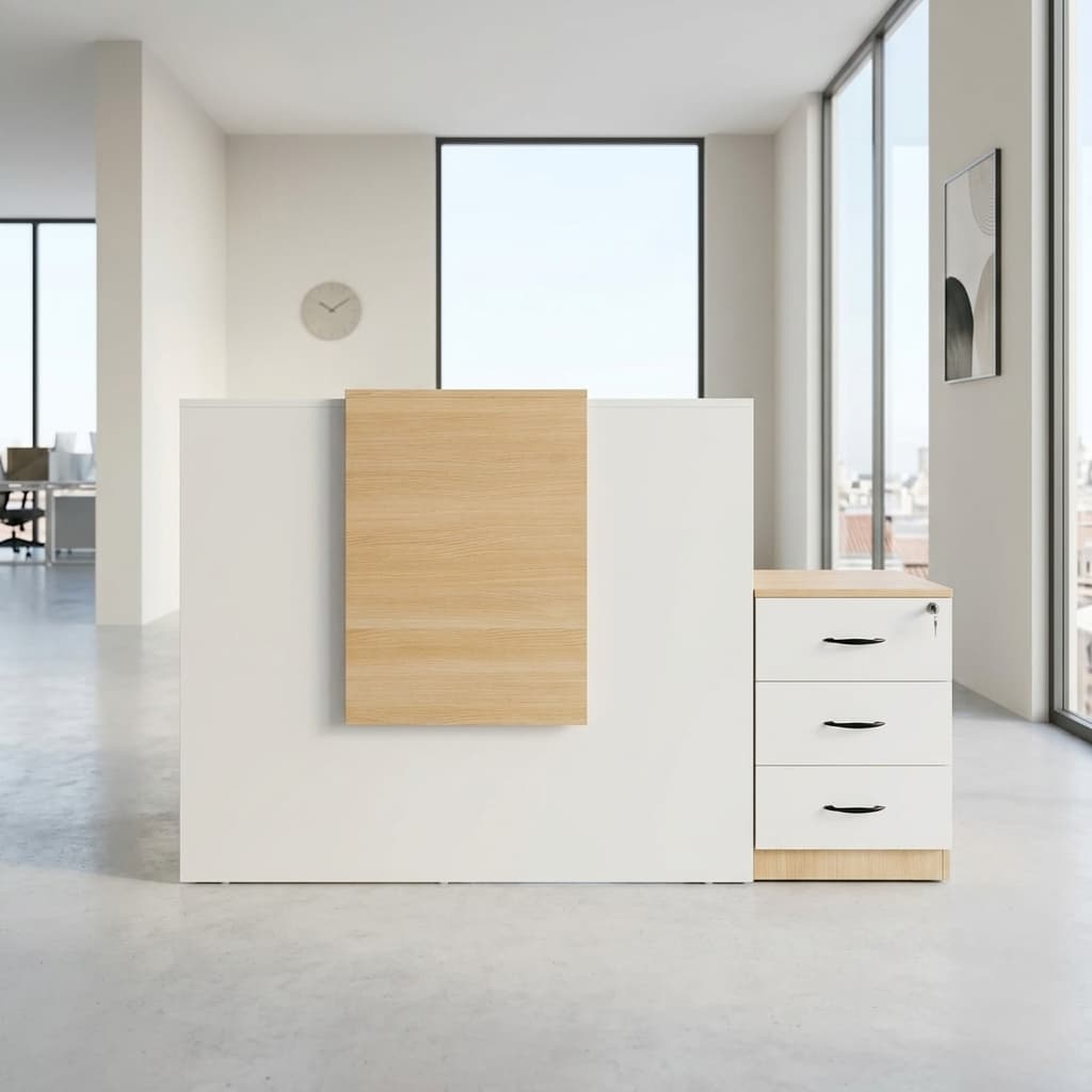 1.4m reception desk with lockable three-drawer pedestal in white and oak finish