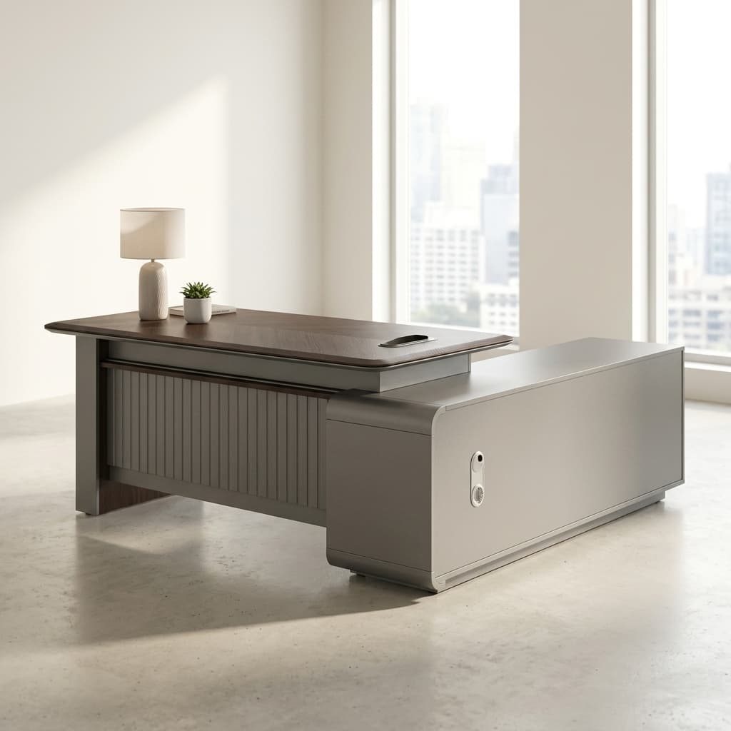 2 meter executive director's desk with side extension in ebony and grey finish