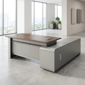 2 meter executive director's desk with side extension in ebony and grey finish