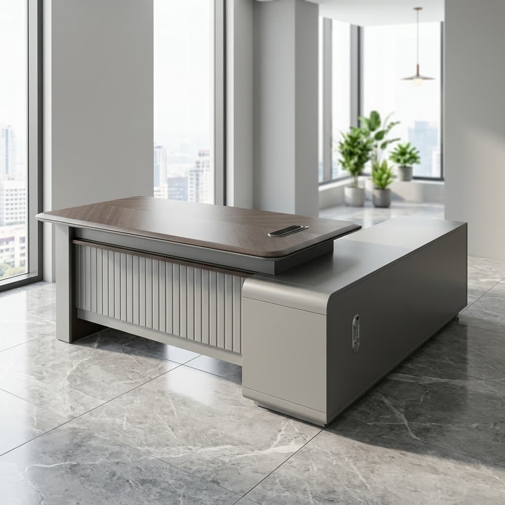 2 meter executive director's desk with side extension in ebony and grey finish