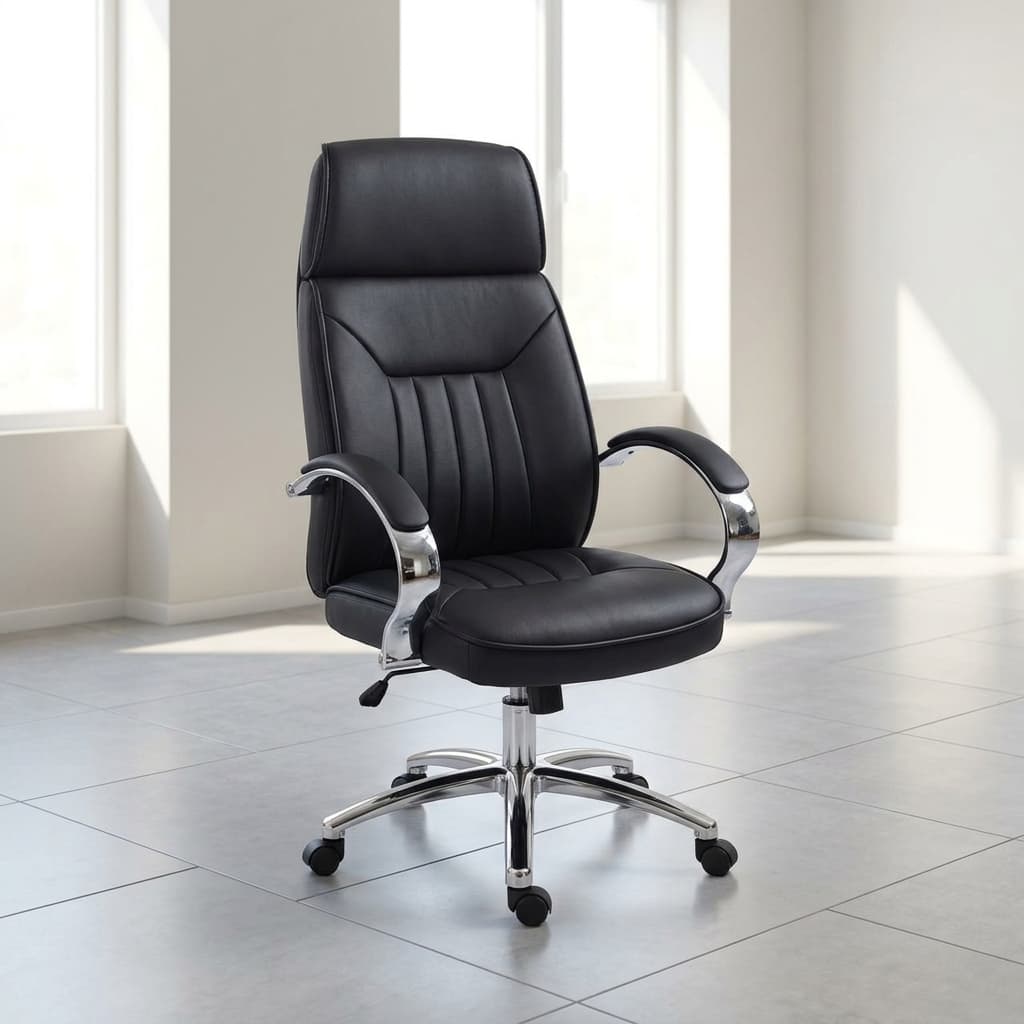 Upholstered leather executive office chair with chrome armrests and adjustable swivel base
