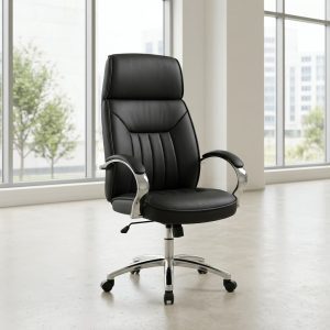 Upholstered leather executive office chair with chrome armrests and adjustable swivel base