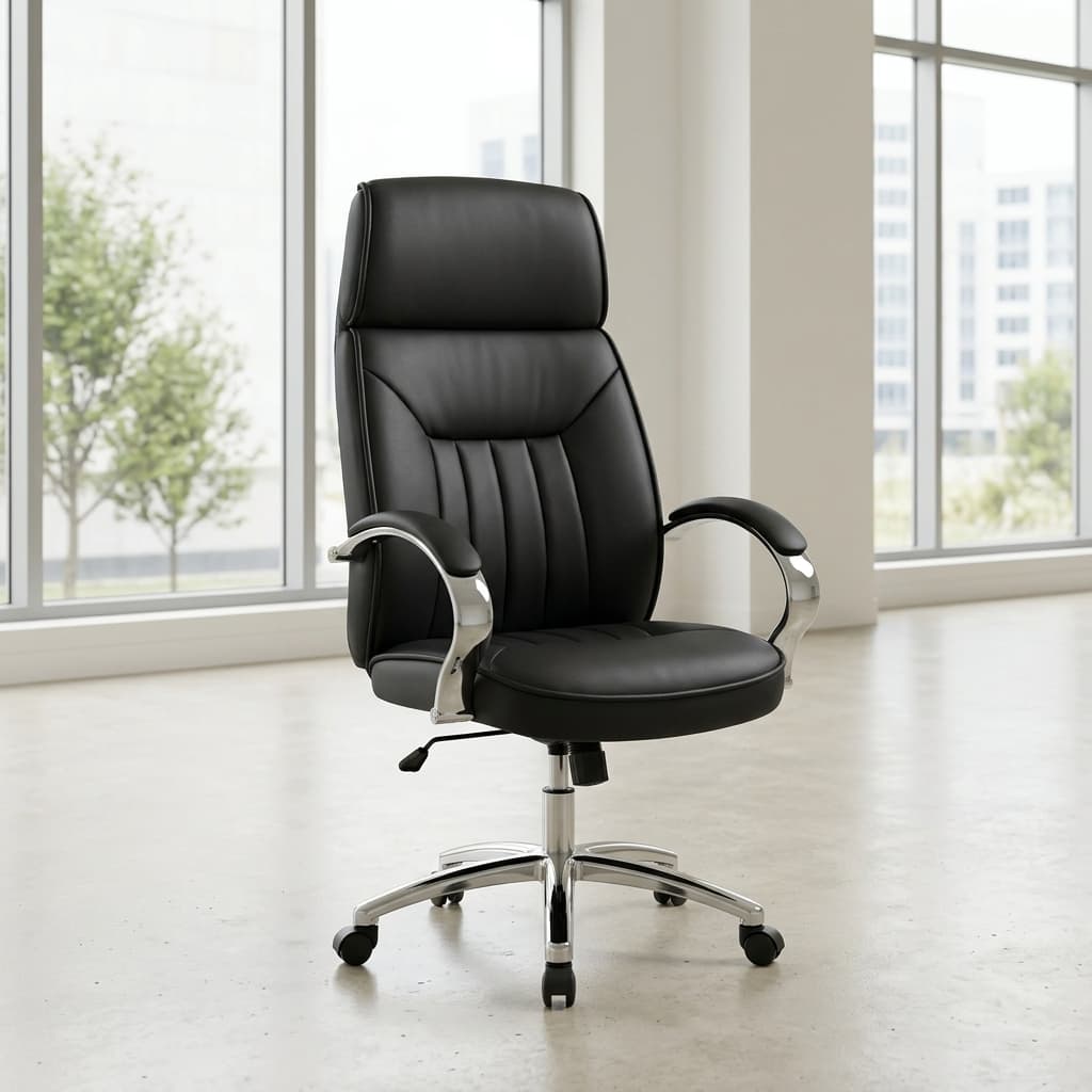 Upholstered leather executive office chair with chrome armrests and adjustable swivel base