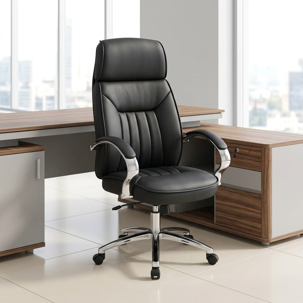 Upholstered leather executive office chair with chrome armrests and adjustable swivel base