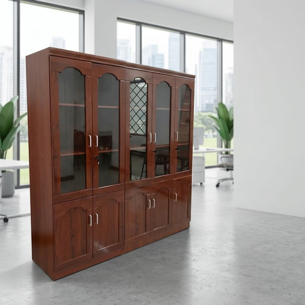 5 Door Mahogany Display Cabinet with glass upper doors and wooden lower cabinets
