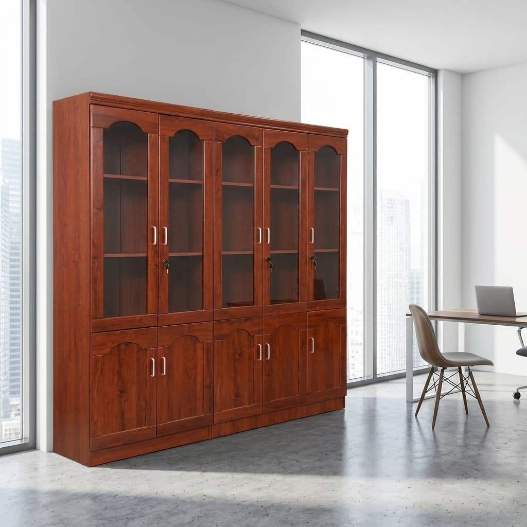 5 Door Mahogany Display Cabinet with glass upper doors and wooden lower cabinets