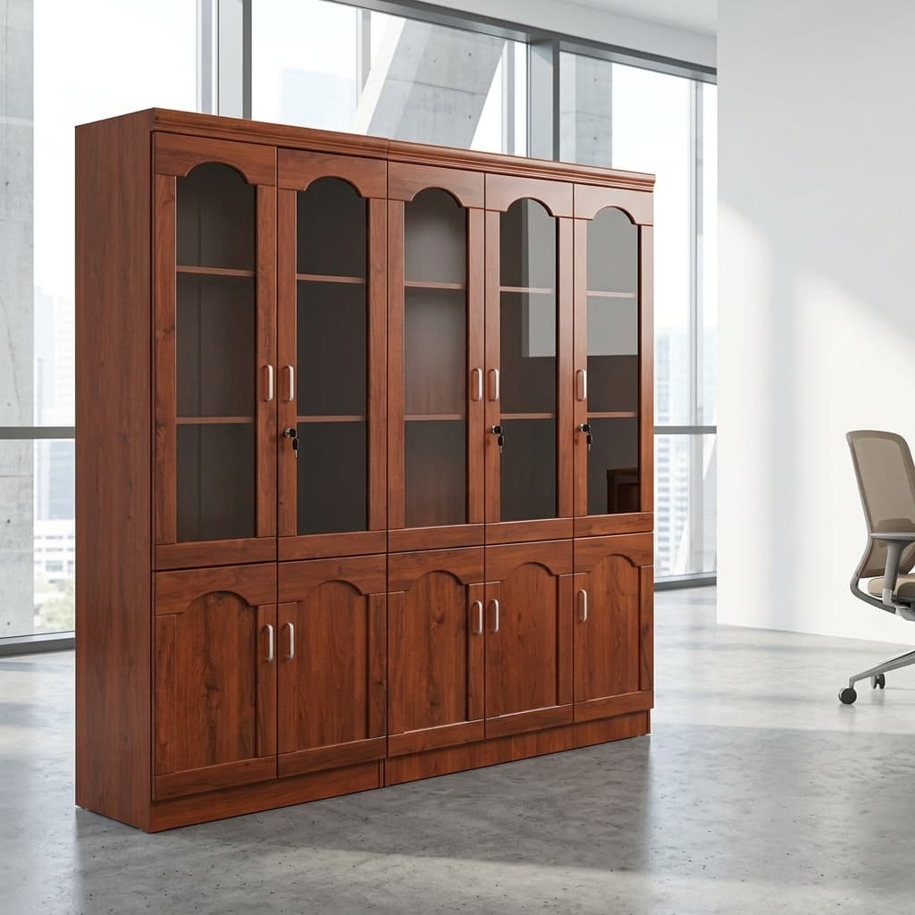 5 Door Mahogany Display Cabinet with glass upper doors and wooden lower cabinets