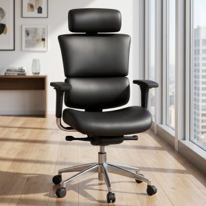 Leather Orthopedic Office Seat with ergonomic lumbar support and adjustable headrest
