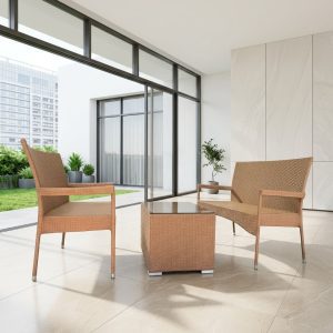 Outdoor Rattan Coffee Set with two woven armchairs and square glass-top coffee table