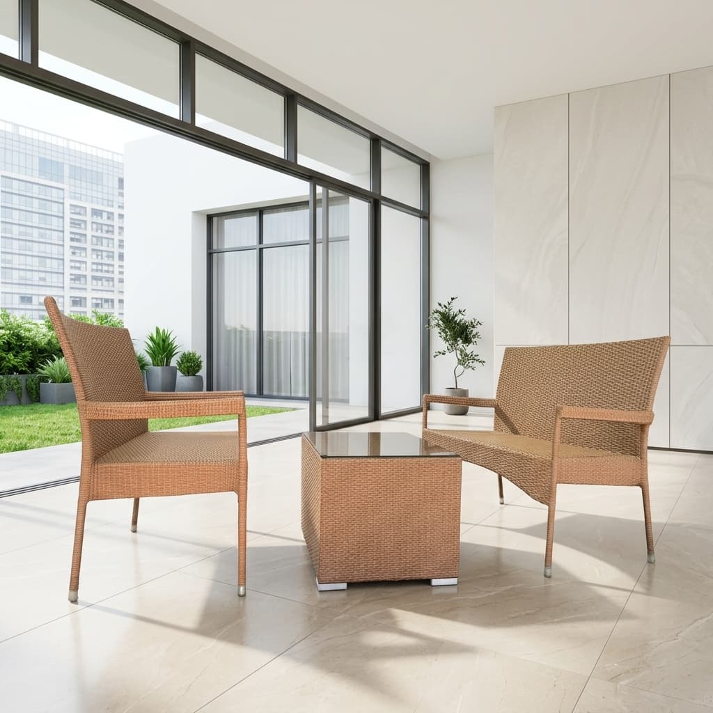 Outdoor Rattan Coffee Set with two woven armchairs and square glass-top coffee table