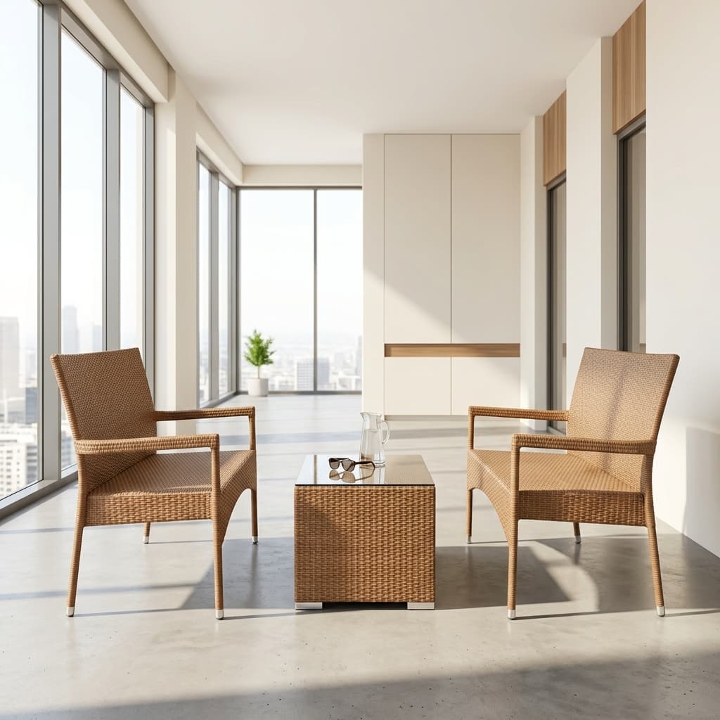 Outdoor Rattan Coffee Set with two woven armchairs and square glass-top coffee table