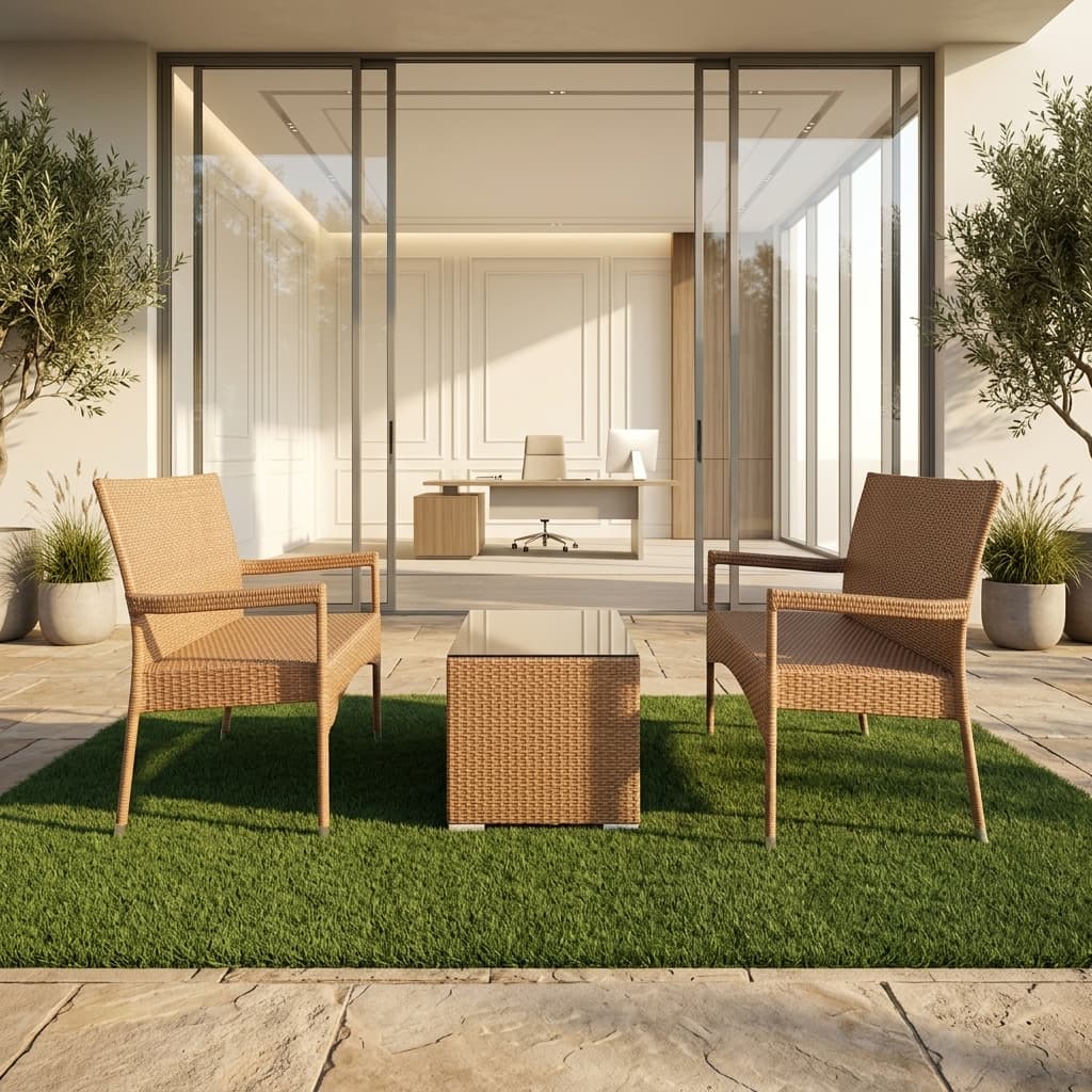 Outdoor Rattan Coffee Set with two woven armchairs and square glass-top coffee table