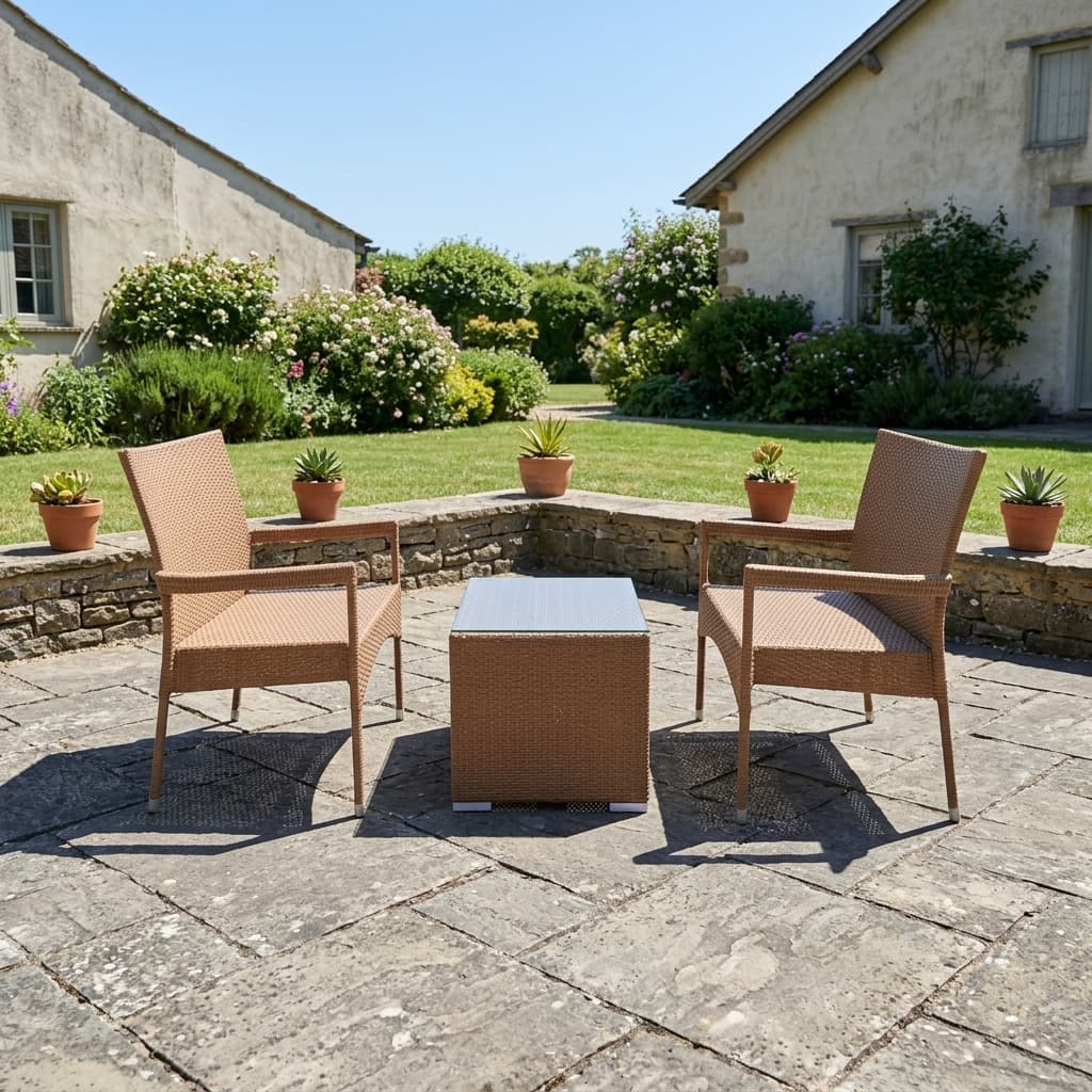 Outdoor Rattan Coffee Set with two woven armchairs and square glass-top coffee table