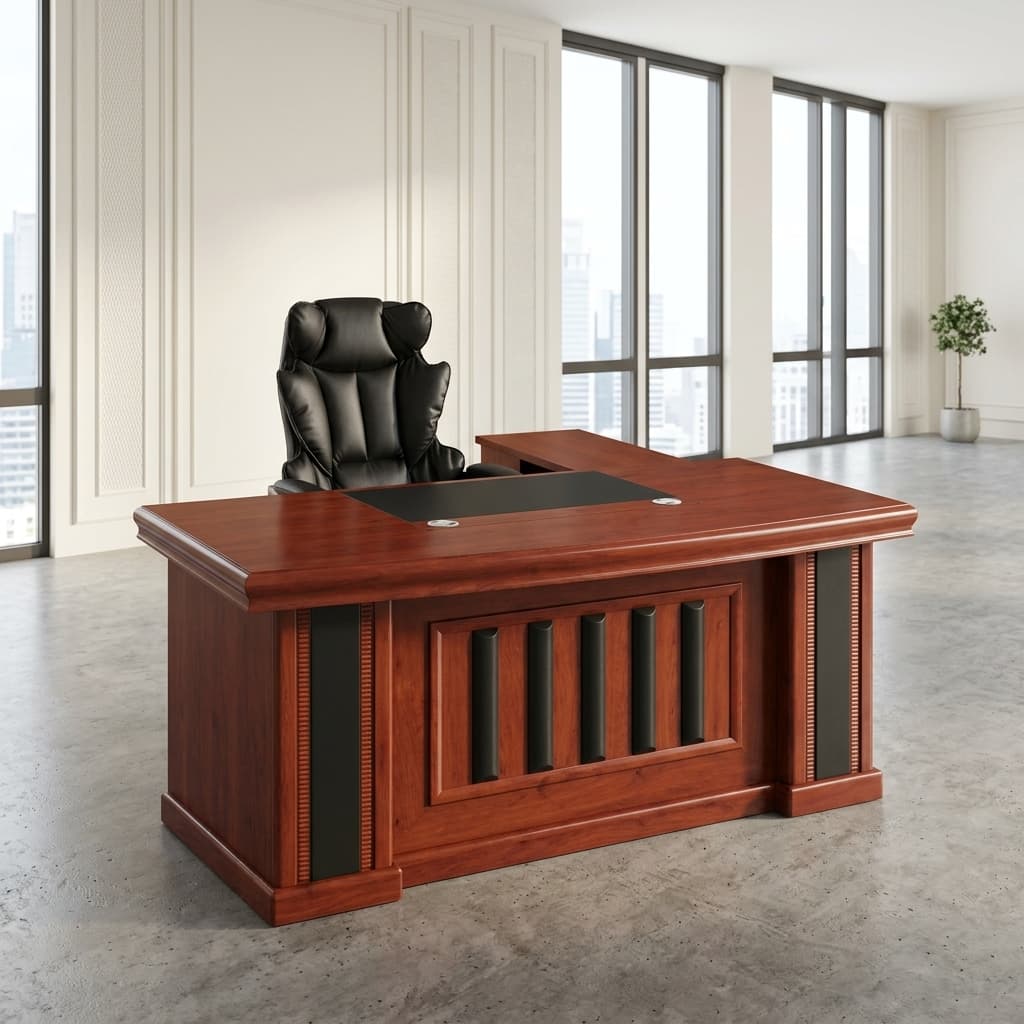 1600mm Executive L-Shaped Office Desk with cherry-mahogany finish and integrated storage