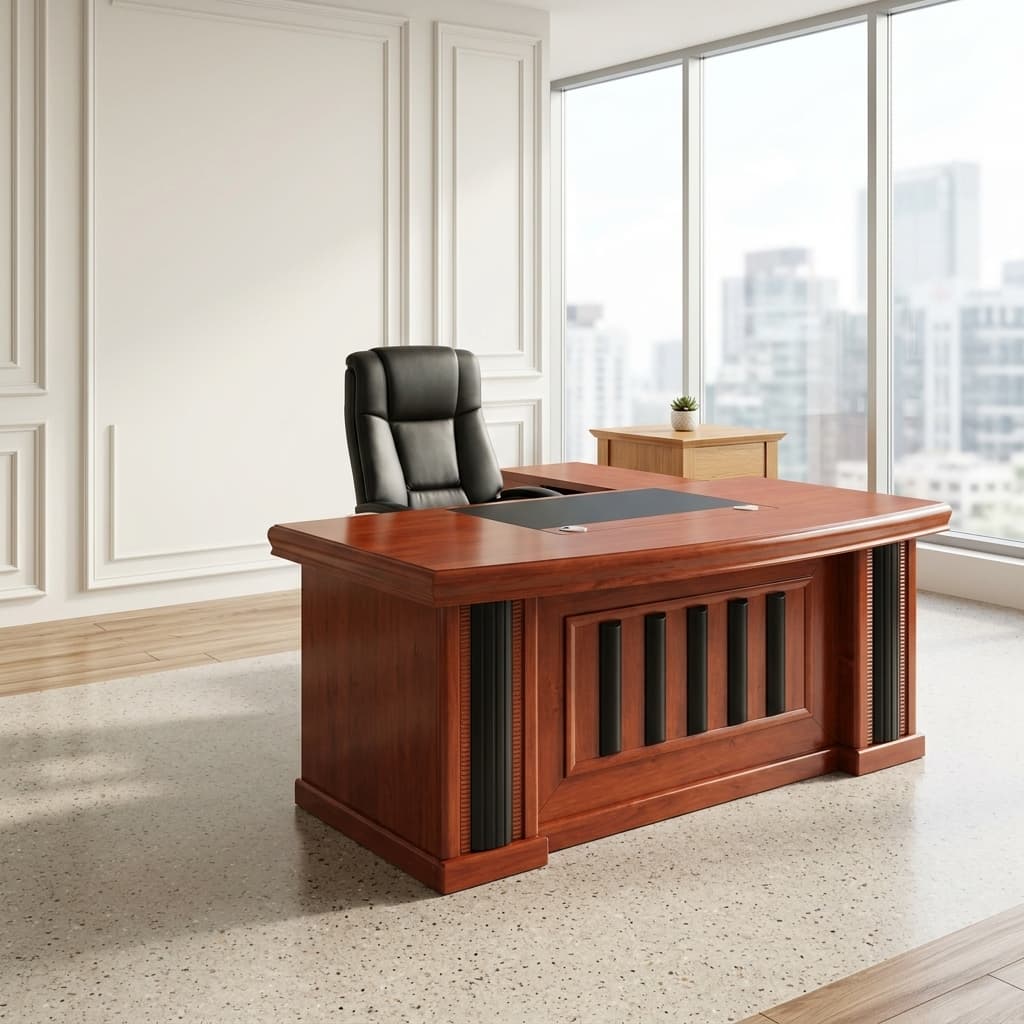 1600mm Executive L-Shaped Office Desk with cherry-mahogany finish and integrated storage