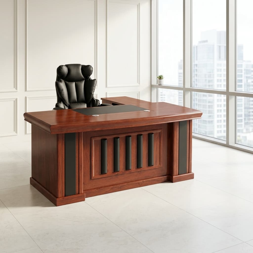 1600mm Executive L-Shaped Office Desk with cherry-mahogany finish and integrated storage