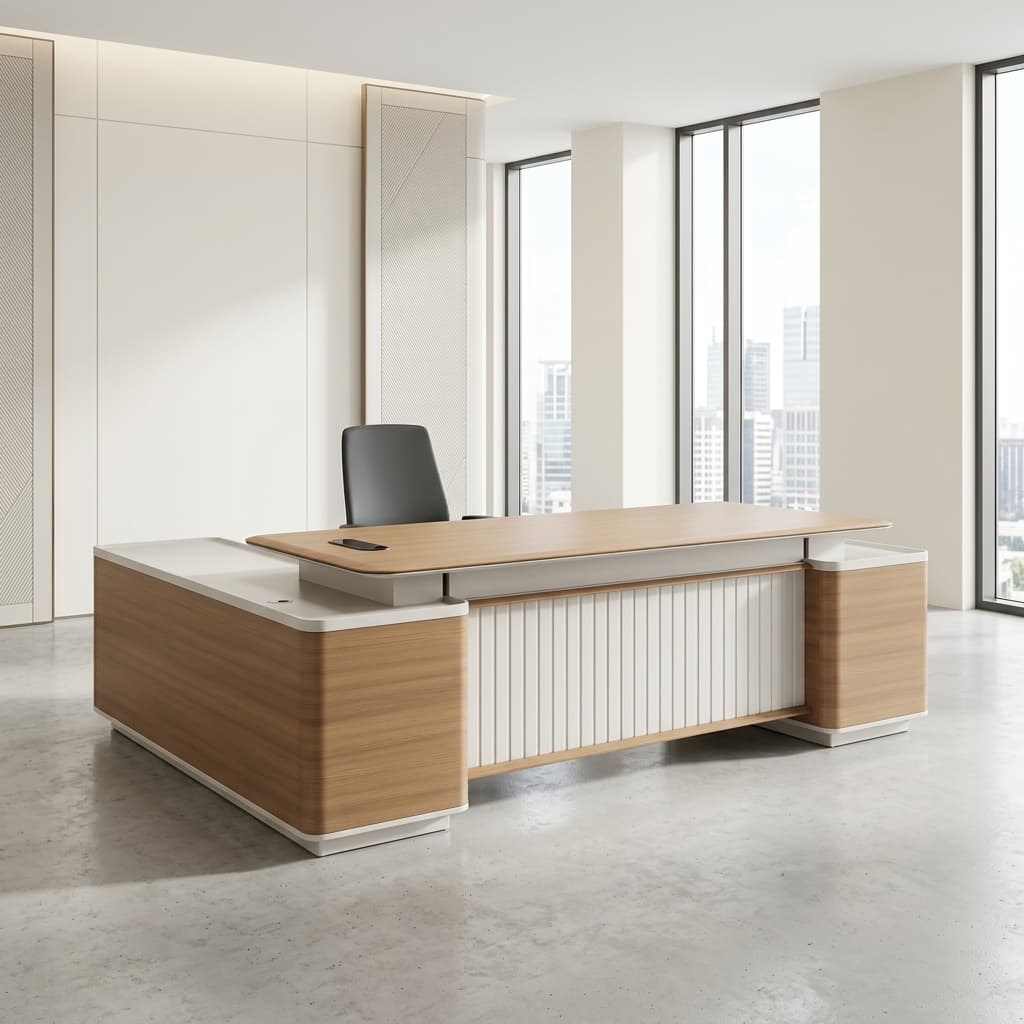 2.4M Executive Director Desk with side return, drawers, LED lighting, and wood-grain finish