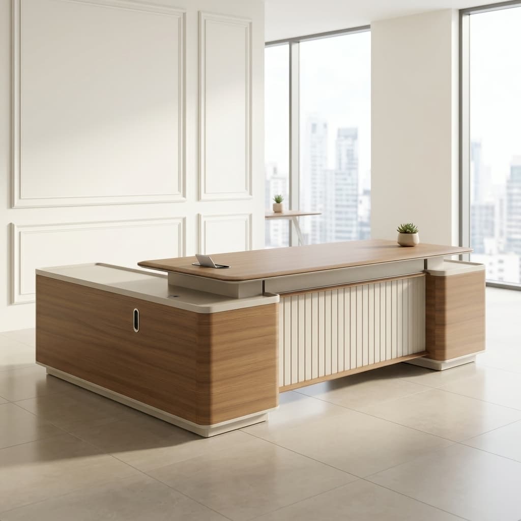 2.4M Executive Director Desk with side return, drawers, LED lighting, and wood-grain finish