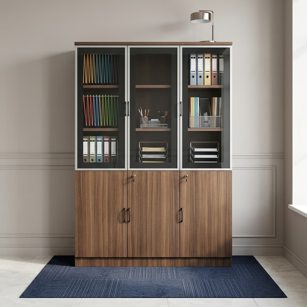 Full-Height Glass Display Cabinet with three glass doors, wooden storage compartments, shelves and lockable doors for office file storage.