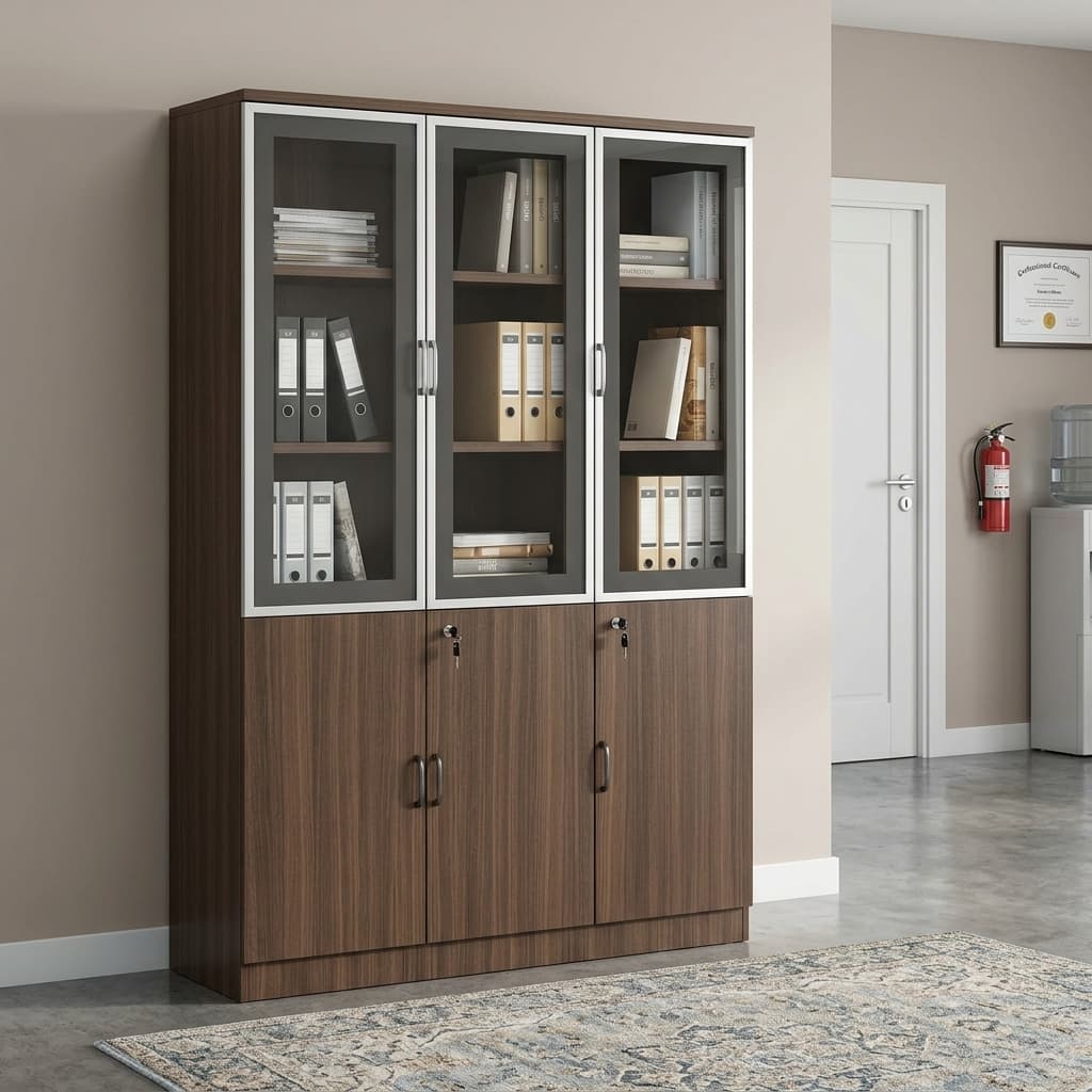 Full-Height Glass Display Cabinet with three glass doors, wooden storage compartments, shelves and lockable doors for office file storage.