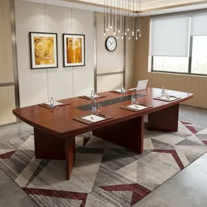 A 3000mm 10-Seater Conference Table featuring a rich mahogany wood grain finish, a seamless boat-shaped top with no grommets, and sturdy block legs.