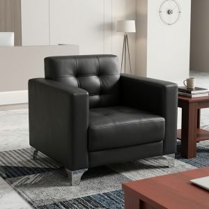 Premium black tufted leather Single Seater Lounge Chair with polished chrome corner feet.
