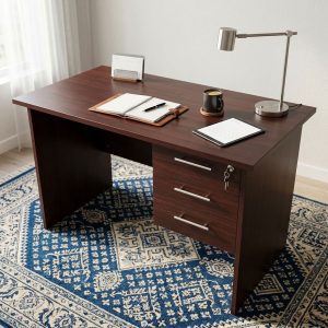Mahogany finish 1.2m Study Room Desk with three drawers and a silver metal desk lamp.