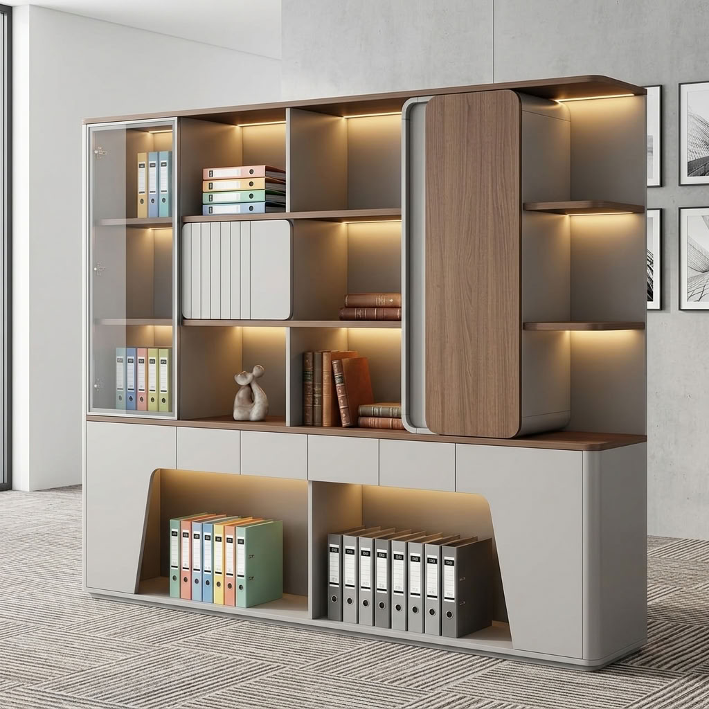 Executive Office Cabinet With LED Lighting and Glass Storage