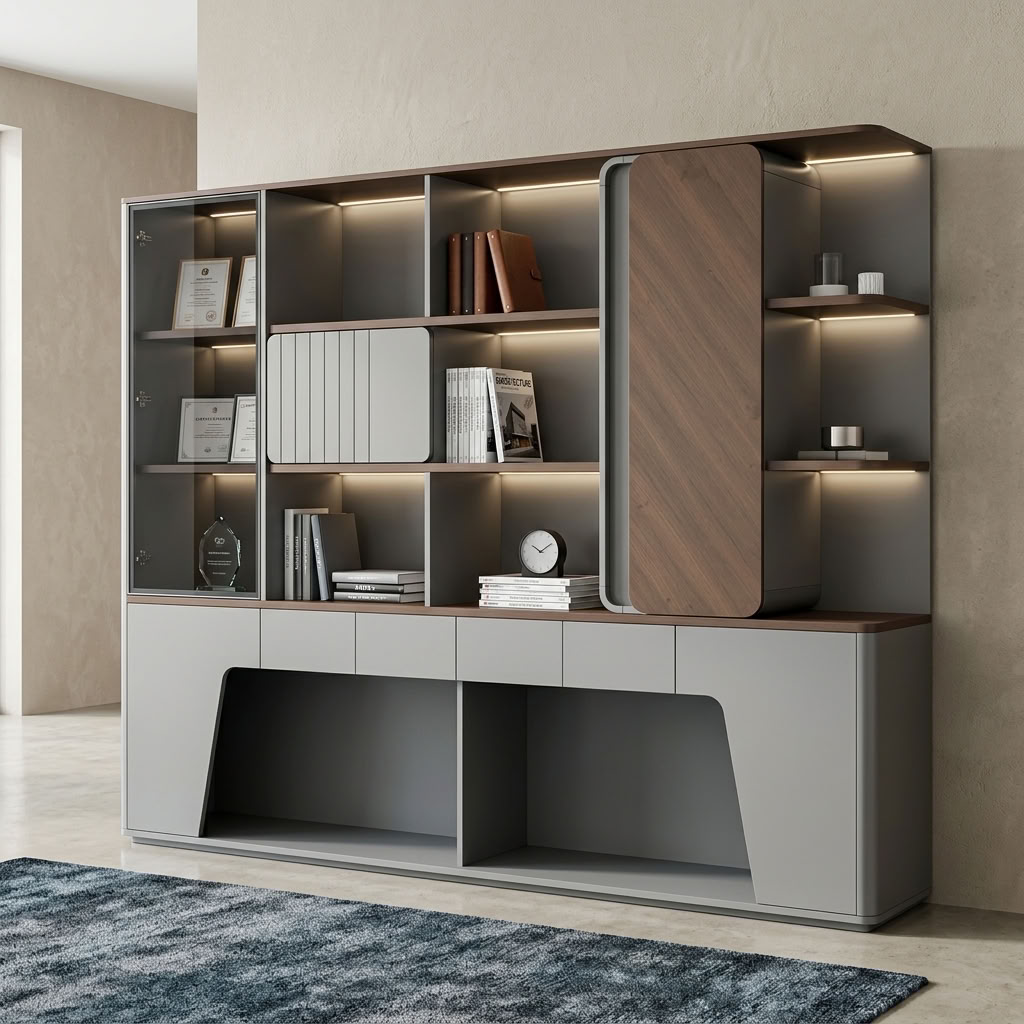 Executive Office Cabinet With LED Lighting and Glass Storage