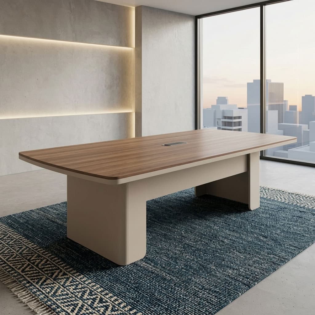 2.4m Minimalist Conference Table with Wood-Grain Top and Cable Access