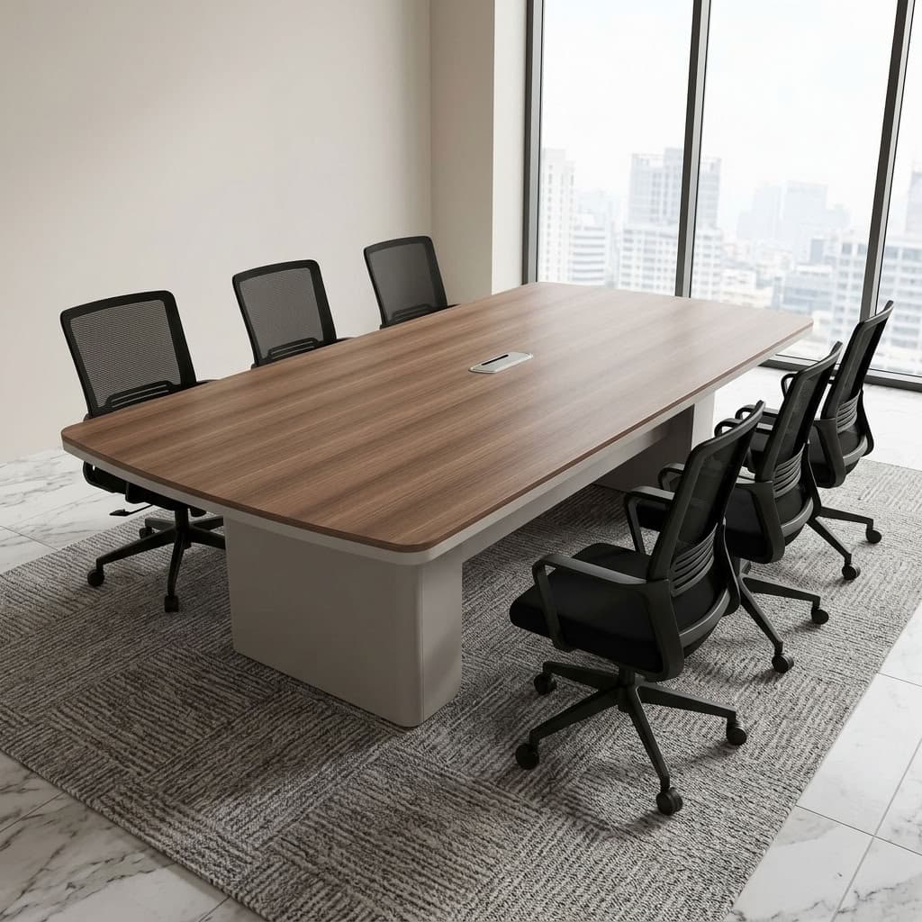 2.4m Minimalist Conference Table with Wood-Grain Top and Cable Access