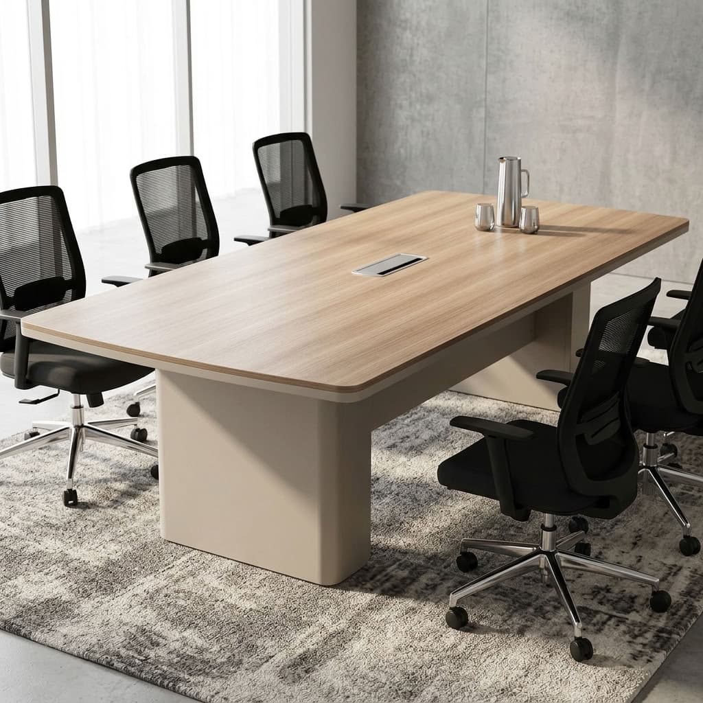 2.4m Minimalist Conference Table with Wood-Grain Top and Cable Access