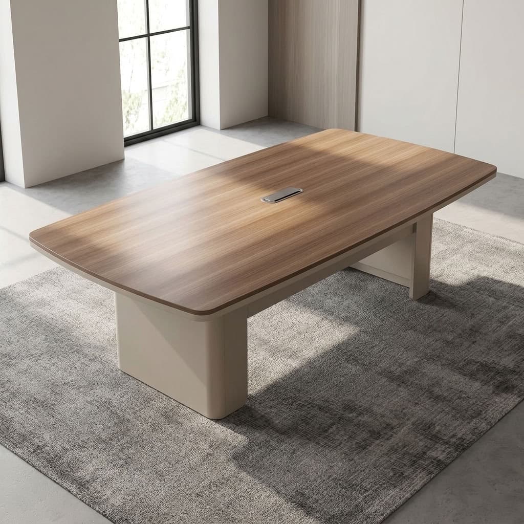 2.4m Minimalist Conference Table with Wood-Grain Top and Cable Access
