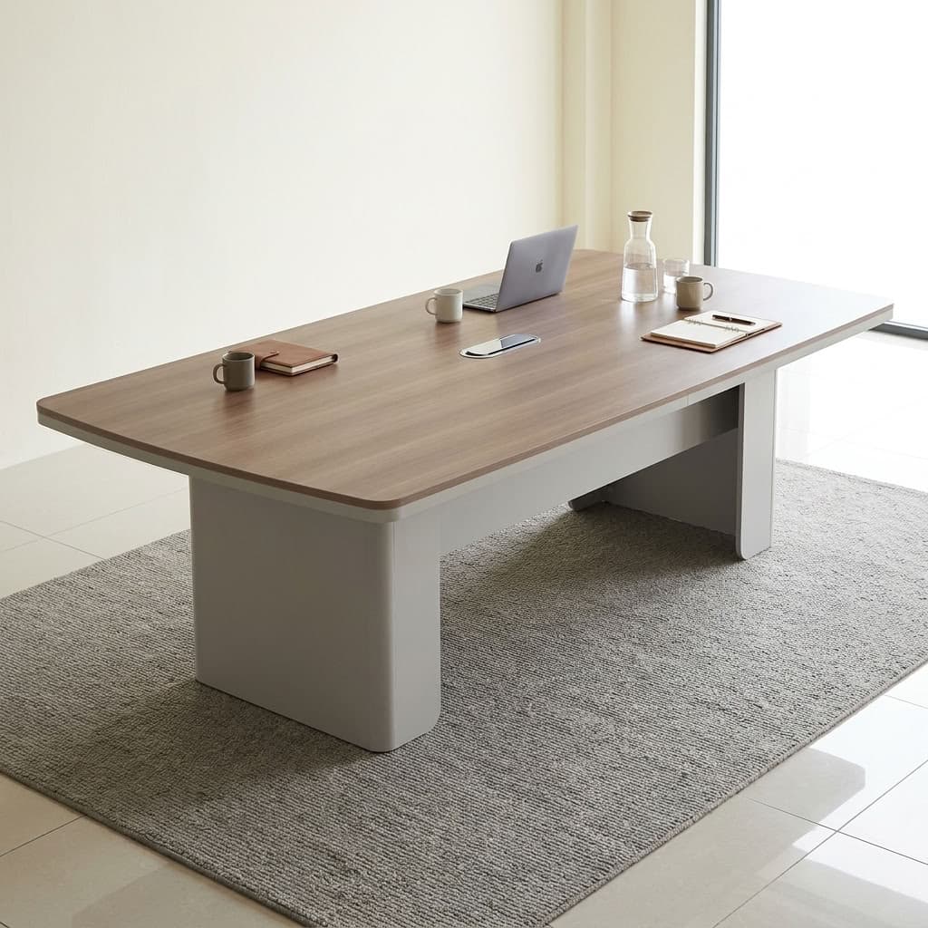 2.4m Minimalist Conference Table with Wood-Grain Top and Cable Access