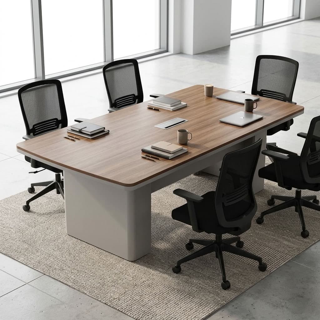 2.4m Minimalist Conference Table with Wood-Grain Top and Cable Access
