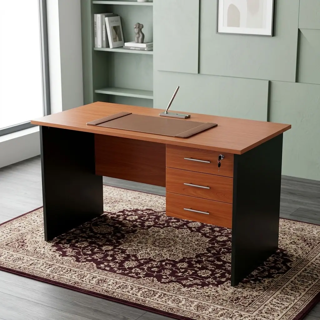 1.2M Office Desk – Cherry & Black with Three Drawers