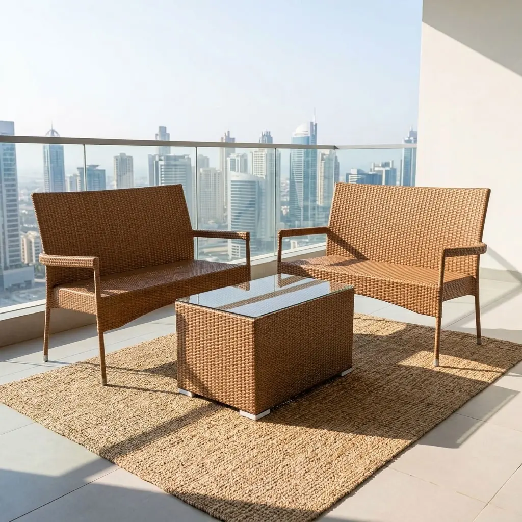 Outdoor Rattan Coffee Set with Two Sofas and Glass Top Coffee Table