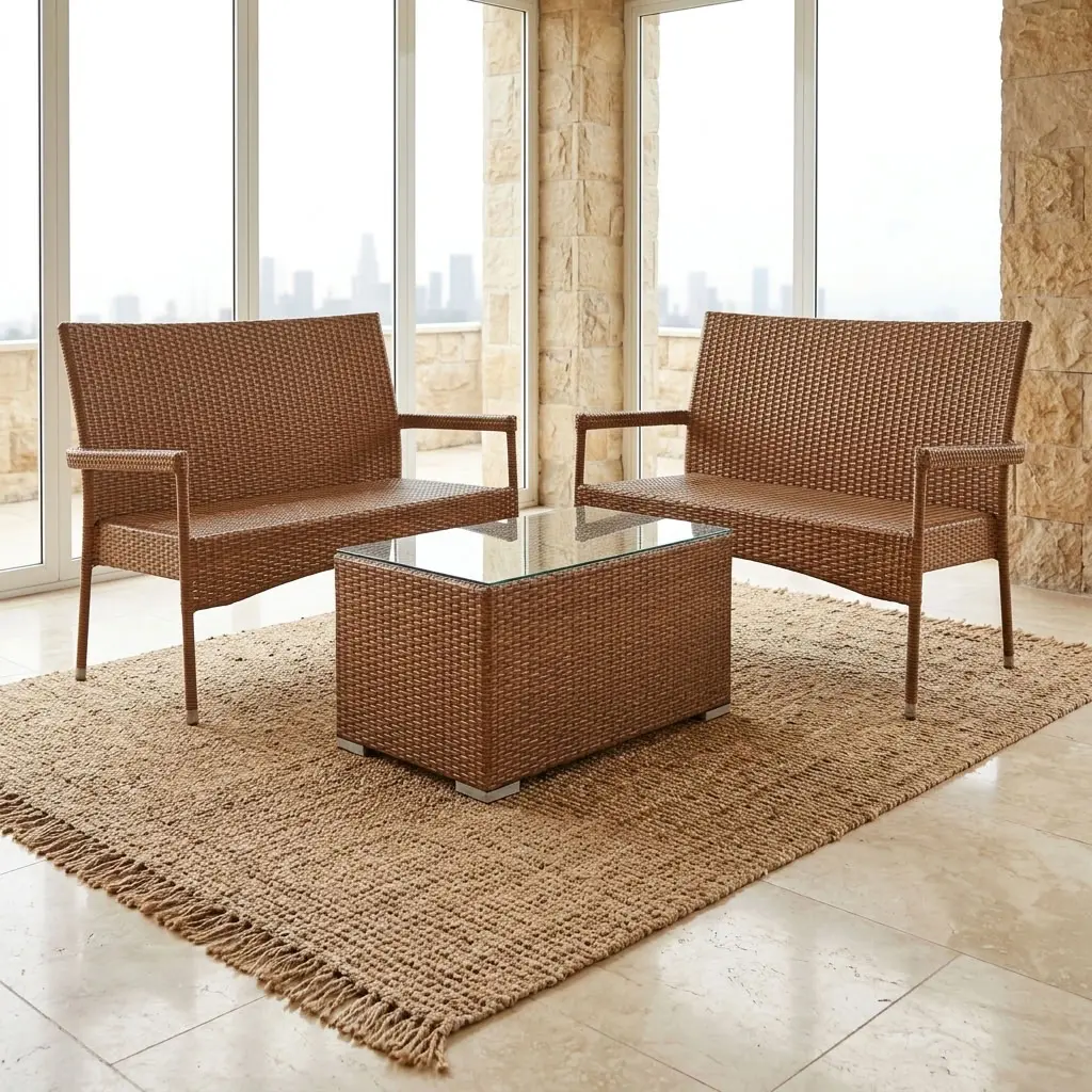 Outdoor Rattan Coffee Set with Two Sofas and Glass Top Coffee Table