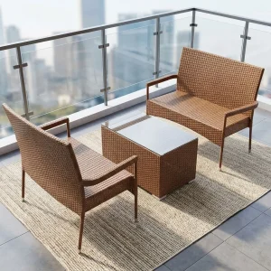 Outdoor Rattan Coffee Set with Two Sofas and Glass Top Coffee Table
