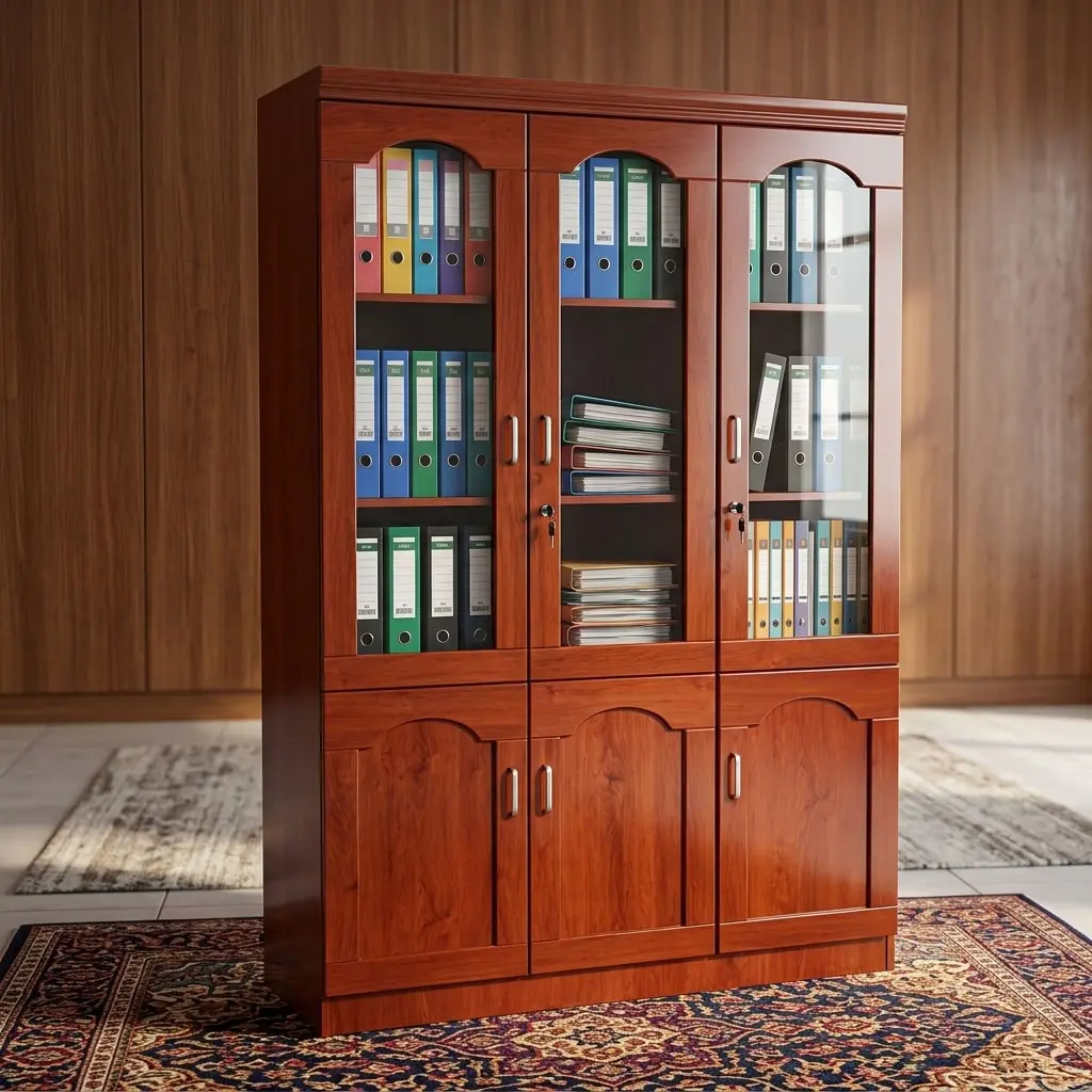 3-Door Half Glass Office Cabinet with Glass Doors and Enclosed Storage