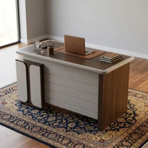 A 1.4m Executive Desk with Drawers featuring a dark walnut laminated desktop, integrated cream-colored side storage cabinet, and three lockable drawers.