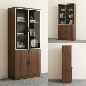 A Half-Glass Office Filing Cabinet with a walnut wood finish, upper glass display doors, and a lockable lower cabinet, measuring 200cm tall by 80cm wide.