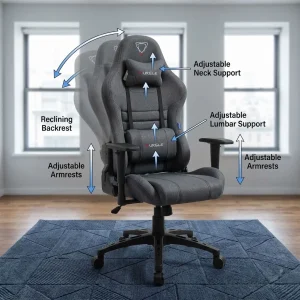 A Furgle Ergonomic Gaming Chair in charcoal grey fabric featuring a reclining backrest, adjustable armrests, and custom neck and lumbar support cushions.